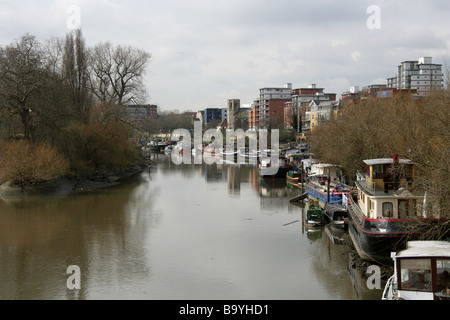 View of the North Bank of the River Thames from Kew Bridge, Brentford, London, UK Stock Photo