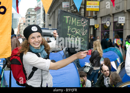 London - G20 Protests. Peaceful protest at Climate Camp which was set up in Bishopsgate. Stock Photo