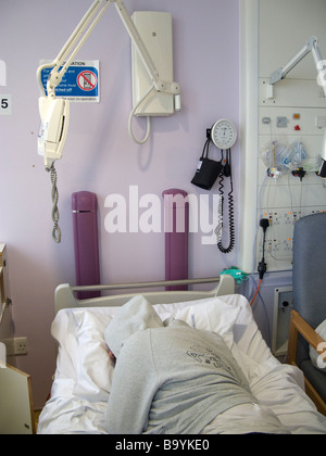 Hoody resting in NHS hospital bed UK oxygen panel part of a series ...