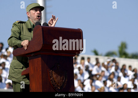 Fidel Castro giving his speech and speaking to the people on May Day 2004 in Havana, Cuba Stock Photo