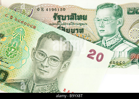 Money Thai currency detail of old and new Thailand 20 baht banknotes Stock Photo