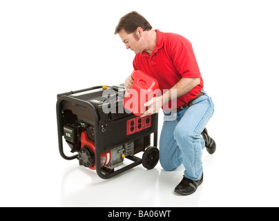 Man puts gasoline in his 10 horsepower electric generator Full body isolated on white  Stock Photo