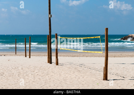 Volleyball net on empty beach Tel Aviv, Israel Stock Photo