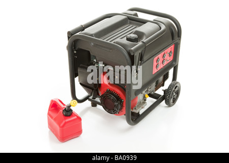 Emergency gas powered electric power generator and can of gasoline Isolated on white background  Stock Photo