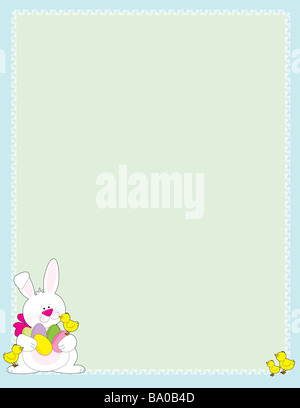 an easter bunny holding colored eggs with little chick on his feet in the corner of an easter frame stock photo alamy