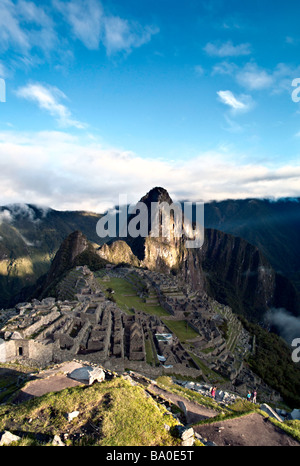 PERU MACHU PICCHU Classic view of Machu Picchu at sunrise from the Caretaker's Hut with Huayna Picchu in the background Stock Photo