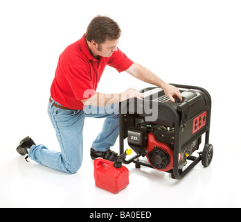 Man preparing to put gasoline in his 10 horsepower electrical generator Isolated on white  Stock Photo
