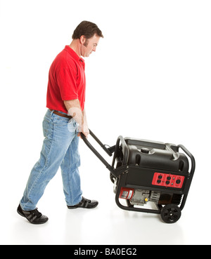 Man pushing a portable electric generator Full body isolated on white  Stock Photo