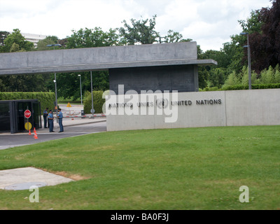 The guarded entrance of the United Nations building in Geneva Switzerland Stock Photo