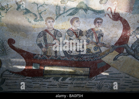 Men in boat mosaic Villa Romana del Casale 4th century near Piazza Armerina Sicily Italy Europe EU Stock Photo