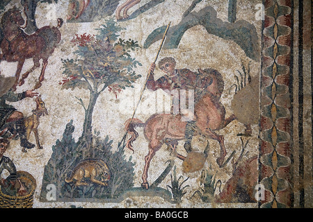 Huntsman on horseback mosaic in Sala della Piccola Caccia Room of Small Hunt Villa Romana del Casale Piazza Armerina Sicily Stock Photo