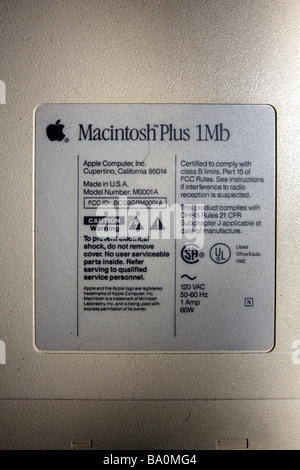 Macintosh Plus 1MB ID placard from back of unit. Stock Photo