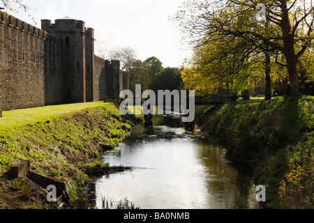 Cardiff Castle, showing the castle moat, viewed from Bute Park, Cardiff, Glamorgan, South Wales, U.K. Stock Photo