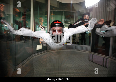 Indoor Skydiving simulator, freefall simulation of a sky dive. An indoor wind tunnel in Bottrop, Germany. Stock Photo