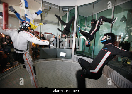 Indoor Skydiving simulator, freefall simulation of a sky dive. An indoor wind tunnel in Bottrop, Germany. Stock Photo