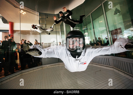 Indoor Skydiving simulator, freefall simulation of a sky dive. An indoor wind tunnel in Bottrop, Germany. Stock Photo