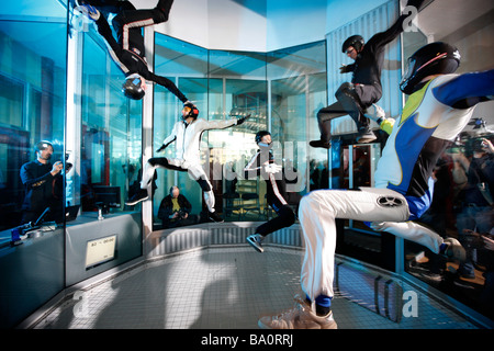 Indoor Skydiving simulator, freefall simulation of a sky dive. An indoor wind tunnel in Bottrop, Germany. Stock Photo