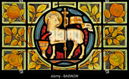 Lamb and Flag window, (detail) by Henry Holiday. Church of Saint Mary, Kirkby Lonsdale, Cumbria, England, United Kingdom, Europe Stock Photo