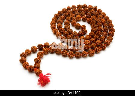 Japa Mala set of beads commonly used by Hindus and Buddhists on a white background