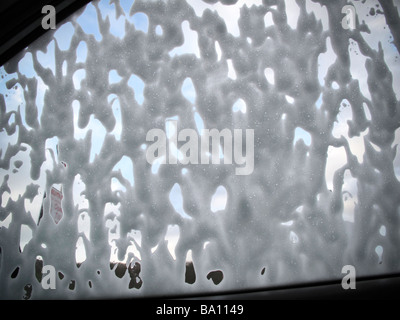 Soap suds on window of car being washed Stock Photo