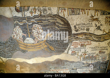 Section from the Madaba map of the Holy Land showing the Dead sea and the River Jordan; Church of St George, Madaba, Jordan, Middle East Stock Photo