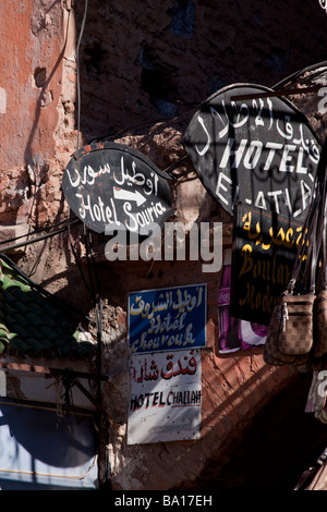 Traditional islamic patterned leather goods bags and crafts for sale on the exterior of a stall near the place Jemaa El Fna Stock Photo