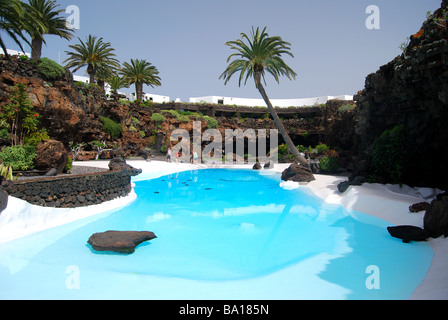 Emerald-green pool, Jameos del Agua, Arrietta, Province of Las Palmas, Lanzarote, Canary Islands, Spain Stock Photo