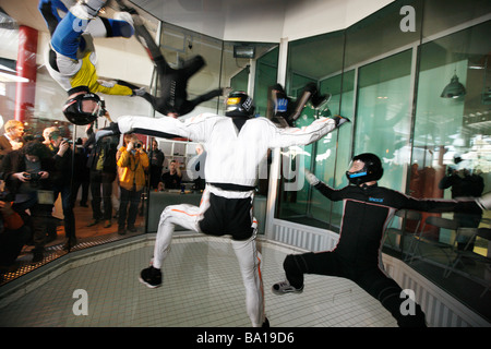 Indoor Skydiving simulator, freefall simulation of a sky dive. An indoor wind tunnel in Bottrop, Germany. Stock Photo