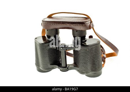 old military black binoculars on a white background Stock Photo