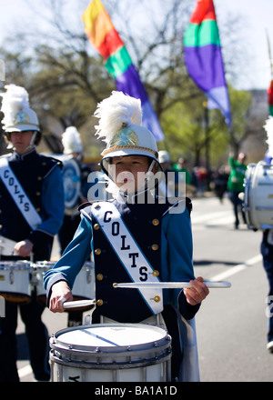 Young Caucasian snare drummer in high school marching band Stock Photo