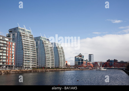 Salford Quays Greater Manchester England UK Urban regeneration in redeveloped dockland around Manchester Ship Canal Huron Basin Stock Photo