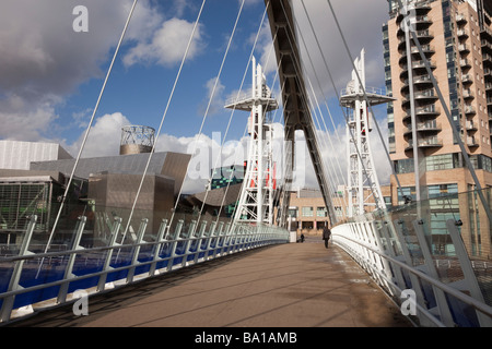 Lowry Millennium footbridge to Lowry Centre over Manchester Ship Canal in Salford Quays Greater Manchester England UK Stock Photo