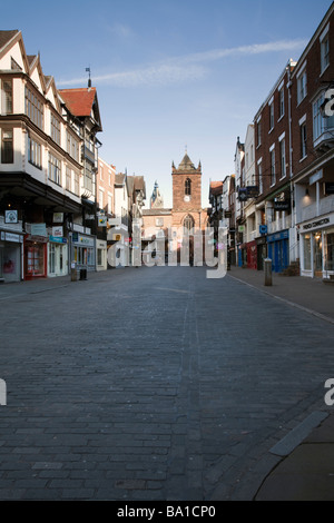 Early morning view up Bridge Street in the historical Roman Walled City of Chester Stock Photo