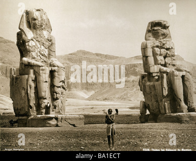 geography / travel, Egypt, Thebes West Bank, Colossi of Memnon, statues of King Amenhotep III (circa 1402 - 1364 BC,  18th dynasty), Edition Photoglob, circa 1890, Stock Photo