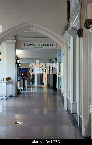 The covered shopping area know as the rows on Bridge Street, Chester part of the history of the city from tudor era Stock Photo