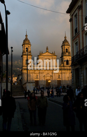 Dusk light hitting the Primate Cathedral in the Plaza Bolivar of downtown Bogotá, Colombia Stock Photo