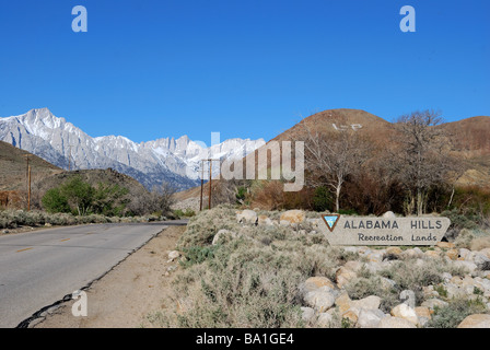 Entrance to the Alabama Hills recreation area, Mt Whitney in background Stock Photo