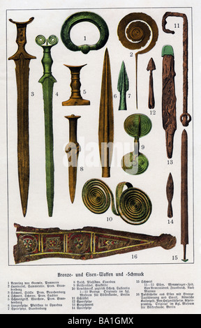 archeology, excavation, ancient artefacts, bronze and iron weapons and jewellery, Germany, circa 1910, Stock Photo