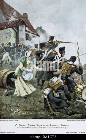 events, War of the Sixth Coalition 1812 - 1814, Battle of Luneburg, 2.4.1813, Johanna Stegen distributing ammunition among Prussian soldiers, drawing by Ernst Zimmer, late 19th century, Napoleonic Wars, Prussia, Germany, infantry, combat, skirmish, women, historic, historical, people, Stock Photo