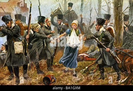 events, War of the Sixth Coalition 1812 - 1814, Battle of Luneburg, 2.4.1813, Johanna Stegen distributing ammunition among Prussian soldiers, drawing by Richard Knoetel, 19th century, forces postcard, stamped 13.6.1915,  Napoleonic Wars, Prussia, Germany, infantry, combat, skirmish, women, historic, historical, Knotel, Knötel, people, Stock Photo