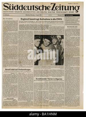 press/media, magazines, 'Süddeutsche Zeitung', Munich, 17 volume, number 182, Tuesday 1.8.1961, title, England applying for joining EEC, , Stock Photo