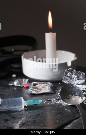 Drug abuse concept Heroin shoot up tools and drugs Stock Photo