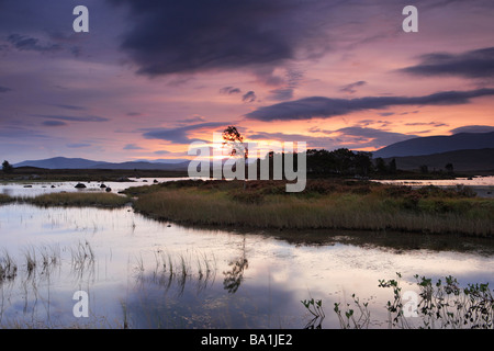 The pink sky of sunrise over Loch Ba, Rannoch Moor Stock Photo