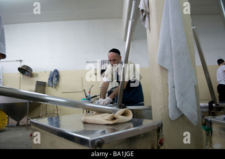 Orthodox Jew kneading Matzo dough in a bakery for traditional handmade Passover unleavened Matzo bread at Kfar Chabad bakery in Central Israel Stock Photo