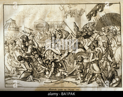 events, ancient world, Migration Period, Visigoths, 'Alaric is entering Rome', copper engraving by Joseph Fuchs, 'Vorzeit und Gegenwart', Augsburg, 1832, , Artist's Copyright has not to be cleared Stock Photo