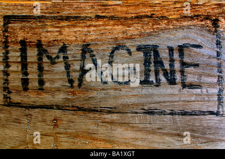Simple sign with one word slogan: Imagine, written on the notorious fence above the grassy Knoll at Dealy Plaza in Dallas Stock Photo