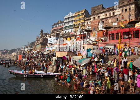 Hindus Bathing in the Ganges River in Varanasi India Stock Photo