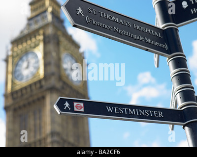 Sign Post In Front Of Big Ben, London, England Stock Photo