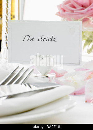 Place Settings For Bride And Groom At Reception Stock Photo