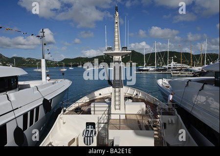 The foredeck of Big Aron on the dock at Antigua Yacht Club Marina between Amnesia and Xanadu both 60 metre Benetti's Stock Photo